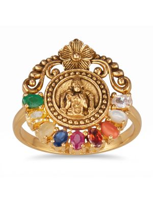 Goddess Lakshmi Navaratna Gold Ring-hover
