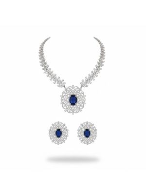 Royal Blue Oval Crystal Silver Necklace set-hover