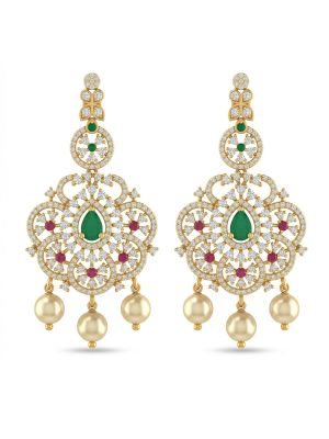 Silver Floral Emerald Earring With Pearl Drops-hover