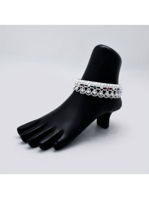 Ornate Drops Loop Silver Anklets-hover