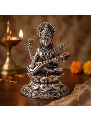 Veena Saraswati Blessing Silver Idol-hover