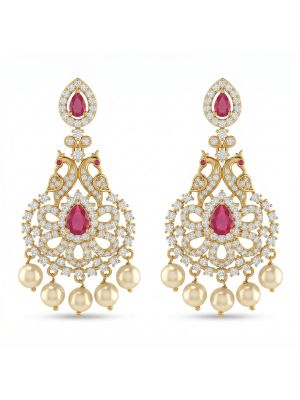 Silver Mayil Ruby Earring With Pearl Drops-hover