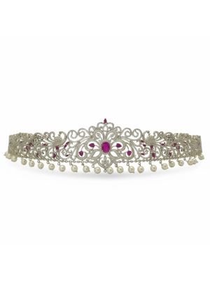Ruby & Pearl Silver Filigree Bridal Waist Belt-hover