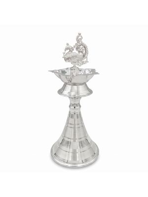 Traditional Peacock Smooth Silver Kuthu Vilakku-hover