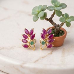 Mayura Leaf Ruby Emerald Diamond Studs