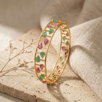Classic Flowing Ruby Emerald Diamond Bangle