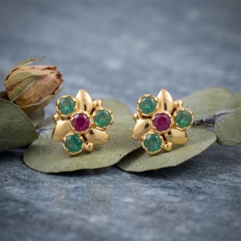 Royal Petal Emerald Ruby Diamond Studs