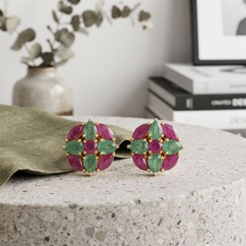 Radiant Emerald Ruby Diamond Stud Earrings