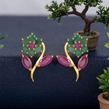 Botanical Emerald Ruby Diamond Stud Earrings