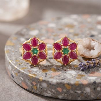 Sovereign Ruby Emerald Diamond Stud Earrings