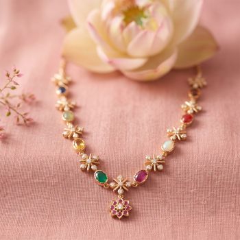Multi Color Navaratna Diamond Blossom Necklace