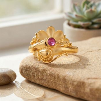 Gold Flower Ring with Red Stone