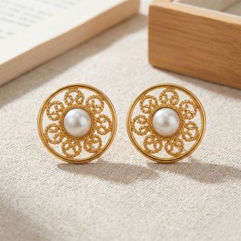 Artistic Filgree Gold Pearl Studs