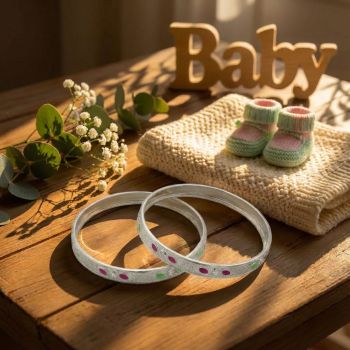 Pink & Green Dots Silver Baby Bangles