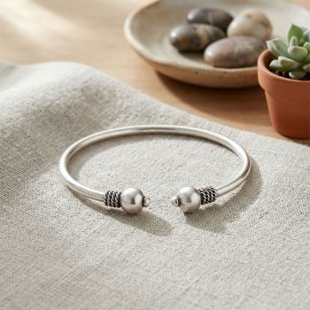 Silver Open Bangle with Rope Twist and Ball