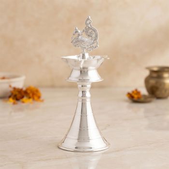 Traditional Peacock Smooth Silver Kuthu Vilakku