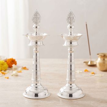 Traditional Casting Murugan Silver Vilakku Set