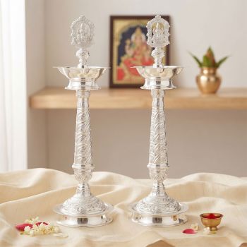 Traditional Lakshmi Nagas Silver Vilakku Set