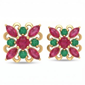 Majestic Ruby Floral Diamond Stud Earrings-hover