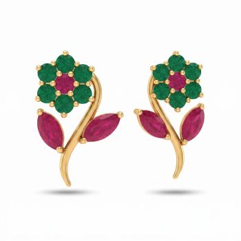 Botanical Emerald Ruby Diamond Stud Earrings-hover