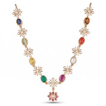 Multi Color Navaratna Diamond Blossom Necklace-hover