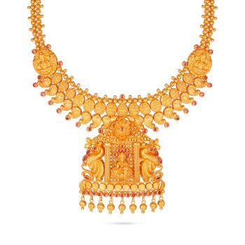 Ornate Gold Lakshmi & Peacock Bridal Necklace-hover