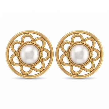 Impressive Floral Pearl Gold Stud Earrings-hover