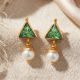Emerald Triangle Gold Pearl Drop Earrings
